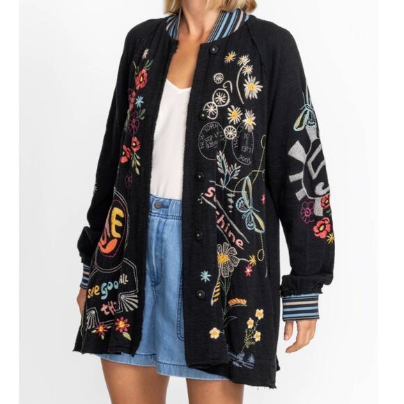 Johnny Was Biya Black Floral Embroidery Long Sleeve Varsity Merida Jacket